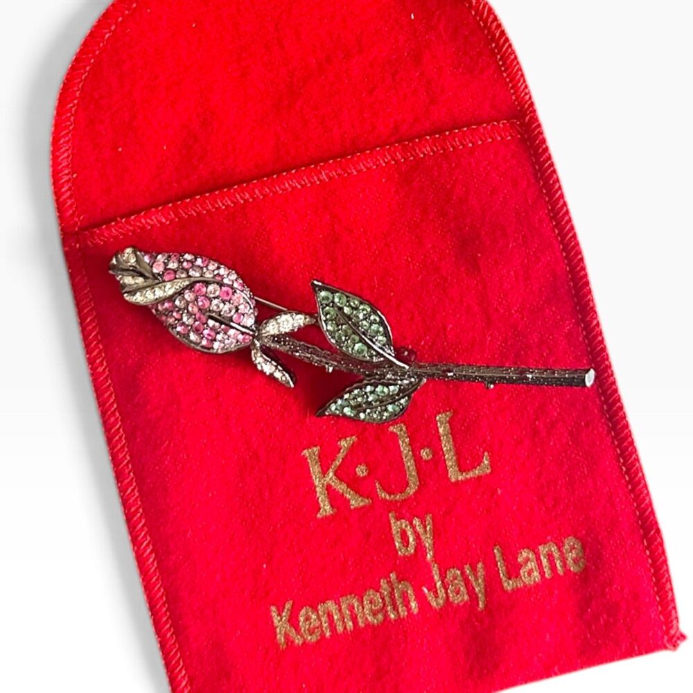 Vintage Kjl Kenneth Jay Lane Rose Brooch Pink Gre… - image 4